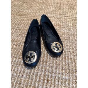 Tory Burch Minnie Black Leather Ballet Flats Gold Logo Women’s 6M